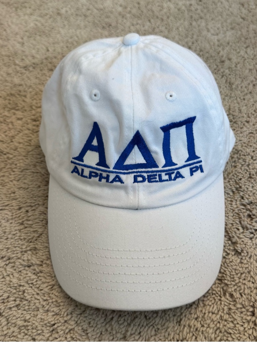 Alpha Delta Pi White Hat with Blue Embroidered Letters